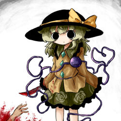 Rule 34 | 1girl, black eyes, black headwear, blood, blood on clothes, blood on hands, bloody knife, blouse, bow, buttons, closed mouth, diamond button, expressionless, eyeball, feet out of frame, floral print, frilled shirt collar, frilled skirt, frilled sleeves, frills, green skirt, hat, hat bow, hat ribbon, heart, heart of string, heripantomorrow, holding, holding knife, knife, komeiji koishi, light green hair, long sleeves, looking at viewer, medium hair, murder, ribbon, shirt, skirt, sleeves past fingers, sleeves past wrists, standing, third eye, touhou, wavy hair, white background, wide sleeves, yellow bow, yellow ribbon, yellow shirt