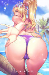 Rule 34 | 1girl, :d, absurdres, ass, bare shoulders, beach, bent over, bikini, blonde hair, blue eyes, blue sky, breasts, cameltoe, cloud, commentary, dantewontdie, day, flower, from behind, granblue fantasy, hair flower, hair ornament, hair ribbon, highres, jeanne d&#039;arc (granblue fantasy), large breasts, leaning forward, lily (flower), long hair, looking at viewer, looking back, open mouth, outdoors, palm tree, ponytail, purple bikini, ribbon, side-tie bikini bottom, skindentation, sky, smile, solo, standing, swimsuit, teeth, tree, viewfinder, water, wet