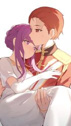 Rule 34 | 1boy, 1girl, absurdres, aiguillette, carrying, dress, elbow gloves, epaulettes, fern (sousou no frieren), forehead, gloves, hair up, hand on another&#039;s chest, hetero, highres, light frown, military uniform, princess carry, purple eyes, purple hair, red eyes, red hair, scar, scar on face, scar on forehead, shenqi de (9), short sleeves, sidelocks, simple background, sousou no frieren, stark (sousou no frieren), uniform, white background, white dress, white gloves