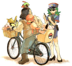 Rule 34 | 1990s (style), 1boy, 1girl, :3, animal, animal on head, baby seat, bare legs, basket, bicycle, biker (pokemon), black footwear, black hair, boots, child safety seat, clefairy, clipboard, creatures (company), denim, dreadlocks, eevee, game freak, gen 1 pokemon, gen 2 pokemon, green hair, hat, high heels, igglybuff, in-franchise crossover, jeans, jenny (pokemon), looking at another, magby, muscular, natu, nintendo, on head, pants, pen, pencil skirt, pichu, pokemon, pokemon (anime), pokemon (creature), pokemon gsc, pokemon on head, pokemon rgby, police, police uniform, policewoman, retro artstyle, riding, shoes, short sleeves, skirt, sleeveless, standing, star (symbol), sunglasses, uniform, vest, white background, wristband, yapo (mess), yapo (pixiv)