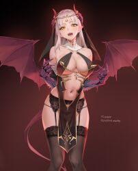 Rule 34 | 1girl, artist name, bare shoulders, black thighhighs, breasts, chain, collar, cross, demon girl, demon horns, demon tail, demon wings, detached collar, detached sleeves, fangs, garter belt, gauntlets, grey hair, habit, haneame, highres, horns, large breasts, looking at viewer, navel, open mouth, original, pelvic curtain, pointy ears, revealing clothes, second-party source, slit pupils, tail, thighhighs, white collar, wings, yd (orange maru), yellow eyes