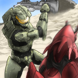 Rule 34 | 2boys, alien, armor, assault rifle, assault visor, bad id, bad pixiv id, blue sky, bullpup, commentary request, day, green armor, gun, halo (series), halo 3, helmet, hitting, holding, holding gun, holding weapon, ma5, male focus, master chief, motion blur, multiple boys, obomugera, power armor, red armor, rifle, sand, sangheili, science fiction, sky, spartan (halo), third-party source, weapon