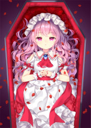 Rule 34 | 1girl, adapted costume, alternate hair length, alternate hairstyle, ascot, bow, breasts, brooch, clothing cutout, coffin, commentary request, dress, expressionless, feet out of frame, flower, frilled shirt collar, frills, from above, gradient background, half-closed eyes, hat, jewelry, light blush, long hair, looking at viewer, lying, mimi (mimi puru), mob cap, nail polish, on back, own hands clasped, own hands together, parted lips, petals, purple background, purple eyes, purple hair, red ascot, red bow, red flower, red nails, red rose, remilia scarlet, rose, shirt, shoulder cutout, simple background, skirt, small breasts, solo, touhou, vampire, wavy hair, white dress, white hat, white shirt, white skirt, wrist cuffs