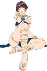 Rule 34 | 1girl, alternate costume, armlet, asymmetrical legwear, barefoot, barefoot sandals (jewelry), between toes, black eyes, bracer, breasts, brown hair, cleavage, cross-laced footwear, earrings, egyptian clothes, feet, foot focus, full body, gake no ue no ponyo, gorget, tucking hair, halterneck, hand on own knee, head tilt, headdress, jas (littlecrime), jewelry, knee up, lisa (ponyo), looking at viewer, medium breasts, mismatched legwear, nail polish, open mouth, panties, pink nails, revealing clothes, sandals, short hair, simple background, sitting, smile, solo, studio ghibli, thighlet, toe ring, toeless legwear, toenail polish, toenails, toes, underboob, underwear, very short hair, white background, white panties