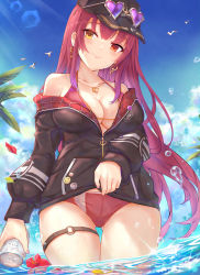 Rule 34 | 1girl, bare shoulders, baseball cap, bikini, bikini under clothes, black hat, black jacket, breasts, can, cleavage, day, earrings, eyewear on headwear, halterneck, hat, heart, heart-shaped eyewear, heterochromia, highres, holding, hololive, houshou marine, houshou marine (summer), jacket, jewelry, large breasts, long hair, long sleeves, looking at viewer, necklace, o-ring, o-ring thigh strap, off shoulder, outdoors, red bikini, red eyes, red hair, smile, solo, standing, string bikini, sunglasses, sunlight, swimsuit, thigh gap, thigh strap, very long hair, virtual youtuber, wading, water, yellow eyes, yougenko