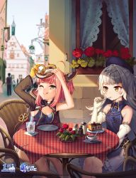 Rule 34 | 2girls, 6+others, ahoge, azur lane, bare shoulders, beret, blunt bangs, blurry, blurry background, blush, body markings, breasts, cake, closed mouth, collared dress, cross, cup, day, dress, drinking straw, eating, food, gloves, hair ornament, hat, highres, holding, holding food, holding spoon, iron cross, jacket, logo, long hair, mole, mole under eye, multiple girls, multiple others, official art, one-piece swimsuit, outdoors, pink hair, pretzel, satchely, shade, short hair, silver hair, single glove, sitting, sleeveless, sleeveless dress, small breasts, smile, spoon, swimsuit, two side up, u-81 (azur lane), very long hair, watermark, white gloves, yellow eyes, z46 (azur lane)