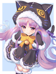 Rule 34 | 1girl, animal ears, animal hood, blonde hair, blue background, blush, elf, halloween, highres, hood, kyouka (halloween) (princess connect!), kyouka (princess connect!), long hair, looking at viewer, pointy ears, princess connect!, purple hair, shimon (31426784), shy, simple background, solo, split mouth