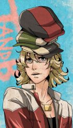 Rule 34 | 10s, 1boy, aqua eyes, barnaby brooks jr., blonde hair, bohe, cabbie hat, glasses, green eyes, hat, hat over hat, jacket, jewelry, male focus, necklace, red jacket, solo, stacked hats, tiger &amp; bunny