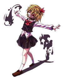 Rule 34 | 1girl, black skirt, black vest, blonde hair, brown footwear, commentary, darkness, full body, hair ribbon, long sleeves, looking at viewer, outstretched arms, red eyes, red ribbon, ribbon, rumia, shirt, short hair, simple background, skirt, socks, solo, sw (stevew), touhou, vest, white background, white shirt, white socks