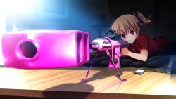 Rule 34 | &gt;:|, 10s, 1girl, :|, bipod, brown hair, cellphone, computer, focused, foreshortening, fumio (ura fmo), game cg, grisaia (series), grisaia no kajitsu, gun, hair ribbon, holding, irisu makina, laptop, lying, necktie, on stomach, phone, plaid, plaid shirt, red eyes, ribbon, rifle, scope, shirt, short hair, short sleeves, short twintails, silhouette, smartphone, sniper rifle, solo, twintails, v-shaped eyebrows, weapon, wooden floor