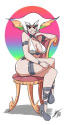 Rule 34 | 10s, 1girl, anklet, armlet, bad id, bigdead, bracelet, breasts, chair, choker, cleavage, evil grin, evil smile, eyebrows, female focus, grin, halterneck, halterneck, high heels, highres, jewelry, kill la kill, kiryuuin ragyou, large breasts, crossed legs, lipstick, looking at viewer, makeup, mature female, multicolored hair, rainbow hair, red eyes, short hair, sideboob, signature, sitting, smile, solo, thick eyebrows, thigh strap, white hair