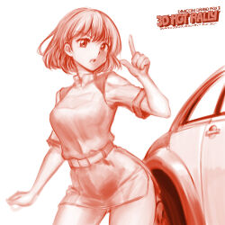 Rule 34 | 1girl, belt, breasts, car, copyright name, famicom grand prix ii: 3d hot rally, hand up, highres, legs apart, medium breasts, minamoto80486, miniskirt, monochrome, motor vehicle, open mouth, red theme, ringed eyes, short hair, short sleeves, side slit, simple background, skirt, solo, standing, white background