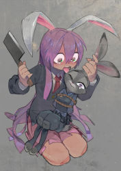 Rule 34 | 2girls, animal ears, blazer, bound, cleaver, crazy, crossover, furry, furry female, highres, jacket, judy hopps, licking, long hair, multiple girls, necktie, pink skirt, police, police uniform, policewoman, purple hair, rabbit, rabbit ears, rabbit girl, reisen udongein inaba, rope, seiza, shirt, sitting, skirt, tied up, touhou, umezawa michiko, uniform, very long hair, yandere, you gonna get raped, zootopia