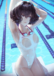 Rule 34 | 1girl, armpits, arms behind head, arms up, averting eyes, black eyes, black hair, competition swimsuit, crossed bangs, goggles, goggles around neck, hair between eyes, highleg, highleg swimsuit, highres, kaoming, medium hair, one-piece swimsuit, original, parted lips, pool, poolside, sitting, solo, stretching, swimsuit, water, wet, wet clothes, wet swimsuit, white one-piece swimsuit