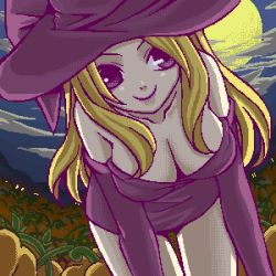 Rule 34 | 1girl, blonde hair, breasts, cleavage, cloud, deneb rove, dress, elbow gloves, farm, field, gloves, hat, kokutou eiri, large breasts, leaning forward, lips, long hair, looking at viewer, lowres, moon, night, oekaki, ogre battle, pumpkin, purple dress, purple eyes, purple gloves, smile, solo, strapless, strapless dress, thighs, witch, witch hat