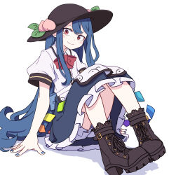 Rule 34 | 1girl, absurdres, black hat, bloomers, blue hair, blue nails, blue skirt, blush stickers, boots, brown footwear, closed mouth, collared shirt, commentary, fingernails, frilled skirt, frills, fruit hat ornament, full body, hat, hat ornament, highres, hinanawi tenshi, kame (kamepan44231), long hair, nail polish, peach hat ornament, red eyes, shirt, short sleeves, simple background, skirt, smile, solo, touhou, underwear, white background, white bloomers, white shirt