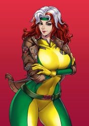Rule 34 | 1girl, absurdres, belt, bodysuit, breasts, brown hair, brown jacket, covered navel, crossed arms, gloves, gradient background, green bodysuit, green eyes, green headband, headband, highres, jacket, large breasts, long hair, looking at viewer, marvel, multicolored hair, open clothes, open jacket, red background, rogue (x-men), tre artz, two-tone bodysuit, two-tone hair, white hair, x-men, yellow bodysuit, yellow gloves