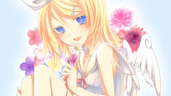 Rule 34 | 1girl, angel wings, blonde hair, blue eyes, fang, female focus, flower, gradient background, hair ornament, hair ribbon, hairpin, highres, kagamine rin, open mouth, plant, ribbon, shirt, short hair, sleeveless, sleeveless shirt, smile, solo, string, string of fate, vocaloid, white background, wings, yayoi (egoistic realism)