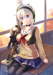 Rule 34 | 1girl, absurdres, black pantyhose, blue eyes, breasts, chair, chestnut mouth, classroom, dance of eternity, day, desk, gun, headset, highres, holster, indoors, large breasts, long hair, looking at viewer, neckerchief, on desk, original, pantyhose, pleated skirt, red neckerchief, rifle, school, school chair, school desk, school uniform, serafuku, side ponytail, silver hair, sitting, on desk, skirt, sniper rifle, solo, thigh holster, throat microphone, weapon