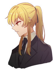 1girl blonde_hair cropped_torso formal hair_ribbon kakegurui long_hair looking_to_the_side necktie ribbon saotome_mary simple_background solo suit twintails upper_body uranium_(a3uki) white_background yellow_eyes