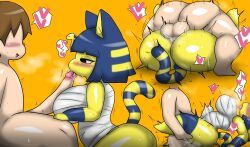 Rule 34 | 1boy, 1girl, ?, animal crossing, animal ears, ankha (animal crossing), ass, blush, breasts, brown hair, bulge, cat, cat ears, cat girl, cat tail, clothed female nude male, clothed sex, clothes, cum, cum in pussy, enigi09, erection, erection under clothes, furry, furry female, furry with non-furry, heart, highres, huge breasts, interspecies, large penis, mating press, missionary, nintendo, nude, open mouth, penis, sex, short hair, speech bubble, tail, villager (animal crossing)