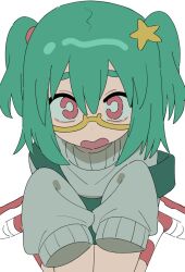 Rule 34 | 1girl, flamberge lo, glasses, green hair, looking at viewer, original, red eyes, shoes, simple background, sitting, solo, star (symbol), twintails, twitter, white background