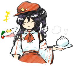 Rule 34 | 1girl, ascot, bare shoulders, black hair, cabbie hat, closed eyes, detached sleeves, dolls in pseudo paradise, flat cap, hat, hat ornament, japanese clothes, kaigen 1025, label girl (dipp), long hair, mandarin collar, miko, red ascot, red hat, red skirt, side ponytail, simple background, skirt, smile, star (symbol), star hat ornament, touhou, vest, white background, white sleeves, white vest, wide sleeves