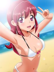 Rule 34 | 10s, 1girl, aino megumi, armpits, arms up, beach, bikini, blue sky, blush, breasts, collarbone, hair down, happinesscharge precure!, kechinbo silver, long hair, looking at viewer, medium breasts, ocean, pink eyes, pink hair, precure, sand, selfie, sky, smile, solo, swimsuit, water