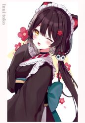Rule 34 | 1girl, ;d, absurdres, animal ears, apron, black hair, black kimono, blush, brown hair, character name, dog ears, fang, flower, frills, hair flower, hair ornament, hand up, highres, inui toko, japanese clothes, kimono, long hair, long sleeves, looking at viewer, low twintails, maid, maid headdress, moeko (moeko0903), nijisanji, non-web source, obi, one eye closed, open mouth, red flower, sash, sleeves past fingers, sleeves past wrists, smile, solo, twintails, upper body, very long hair, virtual youtuber, wa maid, white background, wide sleeves, yellow eyes