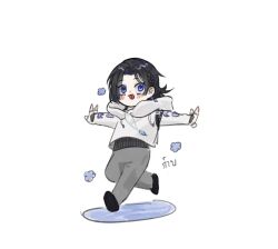 Rule 34 | 19hourgoudy, 1boy, black footwear, black hair, blue eyes, chibi, full body, grey pants, highres, hood, hood down, hoodie, indie utaite, long sleeves, male focus, outstretched arms, pants, protected link, simple background, solo, spread arms, thai text, tongue, tongue out, translation request, unnamed (utaite), virtual youtuber, white background, white hoodie