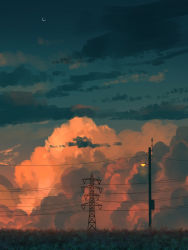 Rule 34 | absurdres, cloud, commentary request, crescent moon, cumulonimbus cloud, evening, grass, highres, lamppost, moon, no humans, original, outdoors, power lines, scenery, shuu illust, sky, transmission tower, utility pole