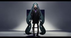 Rule 34 | 1girl, absurdly long hair, absurdres, aqua eyes, aqua hair, chair, coat, full body, hatsune miku, highres, jacket, jewelry, letterboxed, long hair, necklace, ryoga, solo, twintails, very long hair, vocaloid