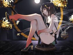 1girl absurdres black_hair breasts from_side hand_on_own_thigh high_heels highres honkai:_star_rail honkai_(series) incense_burner legs lingsha_(honkai:_star_rail) long_hair looking_at_viewer medium_breasts moon orange_eyes parted_lips pointy_ears scales shikyou_yoru sitting solo