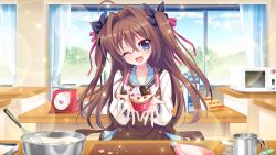 Rule 34 | 1girl, ahoge, apron, black bow, blue eyes, blue sailor collar, blue sky, bow, brown apron, brown hair, candy, carton, chocolate, chocolate heart, classroom, collarbone, counter, cupcake, curtains, day, dot nose, film grain, flour, food, fruit, game cg, hair bow, hair ribbon, head tilt, heart, icing, incoming food, indoors, izumi tsubasu, lens flare, long hair, looking at viewer, microwave, milk, mixing bowl, mountainous horizon, non-web source, official art, one eye closed, open mouth, pastry bag, re:stage!, red ribbon, ribbon, sailor collar, school, school uniform, shikimiya aone, sky, smile, solo, sparkle, strawberry, tree, two side up, whisk, white uniform, window