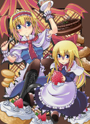 Rule 34 | 1girl, :&lt;, alice margatroid, apron, arm up, blonde hair, blue dress, blue eyes, blush, boots, bow, breasts, cake, capelet, chocolate cake, cross-laced footwear, dress, eating, food, food on face, fork, fruit, hairband, highres, irie (masaki), irie keisuke (handn), knees together feet apart, long hair, long sleeves, looking at viewer, oversized food, oversized object, plate, puffy sleeves, ribbon, shanghai doll, short hair, short sleeves, strawberry, tart (food), touhou, waist apron, whipped cream, wrist cuffs, wrist ribbon