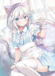 Rule 34 | 1girl, animal ear fluff, animal ears, apron, blue eyes, blue hair, blue nails, blue ribbon, blue shirt, blue skirt, blush, bow, breasts, cat ears, cat girl, cat tail, closed mouth, collared shirt, commentary request, curtains, day, dress shirt, frilled apron, frills, hair between eyes, hair ornament, hair ribbon, hairclip, hand up, highres, indoors, looking at viewer, maid, maid headdress, masayo (gin no ame), multicolored hair, nail polish, original, puffy short sleeves, puffy sleeves, ribbon, shirt, short sleeves, silver hair, skirt, small breasts, smile, solo, streaked hair, sunlight, tail, tail ornament, tail raised, tail ribbon, thighhighs, transparent, white apron, white bow, white thighhighs, window