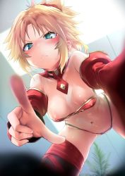 Rule 34 | 1girl, angry, blonde hair, blush, bra, braid, breasts, detached collar, detached sleeves, fate/grand order, fate (series), french braid, green eyes, hair ornament, hair scrunchie, highres, indoors, looking at viewer, mordred (fate), mordred (fate/apocrypha), mozu (peth), navel, nipple slip, nipples, panties, pointing, pointing at viewer, ponytail, pov, red bra, red panties, red scrunchie, revealing clothes, scowl, scrunchie, sidelocks, small breasts, solo, strapless, strapless bra, sweatdrop, thighhighs, underwear