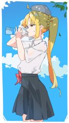Rule 34 | 1girl, absurdres, ahoge, black skirt, blonde hair, blue sky, bocchi the rock!, bottle, bow, bowtie, cloud, collared shirt, commentary request, cropped legs, detached ahoge, drinking, from side, furrowed brow, grey hat, half-closed eyes, handkerchief, hands up, hat, headwear request, highres, holding, holding bottle, holding handkerchief, ijichi nijika, leaf, long hair, looking ahead, makkurourufu, orange eyes, outline, pinky out, pleated skirt, profile, shirt, shirt tucked in, short sleeves, side ponytail, skirt, sky, solo, sweat, unworn bowtie, water bottle, wet, wet clothes, wet shirt, white hat, white outline, white shirt, wiping sweat