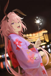 Rule 34 | 1boy, absurdres, astolfo (fate), blush, braid, braided ponytail, fate/apocrypha, fate (series), hair intakes, hair ribbon, highres, japanese clothes, kimono, long hair, long sleeves, looking at viewer, multicolored hair, open mouth, pink hair, purple eyes, purple kimono, quatthro, ribbon, smile, solo, streaked hair, trap, white hair, wide sleeves