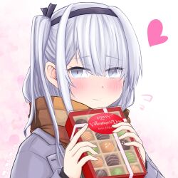 Rule 34 | 1girl, alternate costume, black hairband, blush, box, box of chocolates, brown scarf, coat, flying sweatdrops, fuyutsuki (kancolle), grey coat, grey eyes, grey hair, hairband, heart, highres, kantai collection, looking at viewer, multicolored clothes, multicolored scarf, one side up, scarf, smile, solo, sosser, upper body