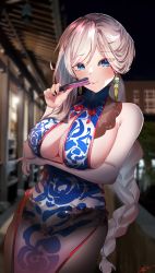 Rule 34 | absurdres, alternate costume, alternate hairstyle, bad link, blue eyes, breasts, china dress, chinese clothes, cosplay, dress, earrings, fate/grand order, fate (series), hand fan, highres, jewelry, large breasts, long hair, looking at viewer, miyamoto musashi (fate), taekaze7, yu mei-ren (fate), yu mei-ren (spare the idle talk) (fate)