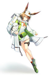 Rule 34 | 1girl, absurdres, alche (benruce), alternate costume, alternate hair length, alternate hairstyle, amiya (arknights), animal ears, arknights, backpack, bag, bare legs, baseball cap, blue eyes, breasts, brown hair, chinese commentary, closed mouth, coat, commentary, cross-laced footwear, dress, full body, green coat, green footwear, hair between eyes, hat, highres, holster, looking at viewer, medium breasts, multicolored coat, neck ribbon, open clothes, open coat, orange ribbon, rabbit ears, rhodes island logo (arknights), ribbon, shoes, short dress, short hair, simple background, smile, solo, thigh holster, thigh strap, turtleneck, turtleneck dress, two-tone coat, white background, white coat, white dress, white hat