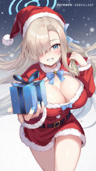 Rule 34 | 1girl, asuna (blue archive), blue archive, blue eyes, breasts, christmas, cleavage, hat, highres, large breasts, light brown hair, looking at viewer, red hat, santa costume, sebu illust, smile, solo