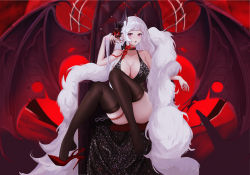 Rule 34 | 1girl, absurdres, armchair, azur lane, bare shoulders, black choker, black dress, black thighhighs, blush, breasts, chair, choker, cleavage, collarbone, demon horns, demon wings, dido (magicc), dress, feather boa, fingernails, full body, hair ornament, hand in own hair, high heels, highres, horns, large breasts, long hair, looking at viewer, nail polish, official alternate costume, open mouth, parted lips, patent heels, purple eyes, red footwear, red nails, shoe dangle, shoes, single shoe, sitting, solo, stiletto heels, thighhighs, thighs, white hair, wings, yorck (azur lane), yorck (breaker under the blood moon) (azur lane)