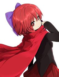 Rule 34 | 1girl, bow, breasts, brown eyes, cape, closed mouth, cowboy shot, from behind, hair between eyes, hair bow, hand up, highres, long sleeves, looking at viewer, looking back, medium breasts, pleated skirt, purple bow, red cape, red hair, red skirt, sekibanki, short hair, simple background, skirt, smile, solo, touhou, tyouseki, white background