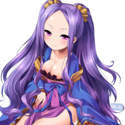 Rule 34 | 1girl, assassin of the nocturnal castle, blush, collarbone, commentary request, fate/grand order, fate (series), japanese clothes, kei kei, kimono, long hair, long sleeves, looking at viewer, parted bangs, pelvic curtain, pink eyes, purple eyes, purple hair, scrunchie, sidelocks, simple background, smile, solo, twintails, very long hair, wide sleeves, wu zetian (fate), wu zetian (first ascension) (fate)