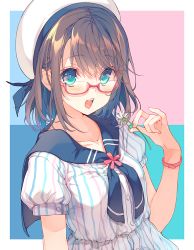 Rule 34 | 1girl, aqua eyes, blush, breasts, brown hair, collarbone, dress, fingernails, flower, glasses, hand up, hat, holding, holding flower, lips, looking at viewer, medium breasts, neckerchief, open mouth, original, puffy sleeves, reia, sailor collar, sailor hat, short hair, short sleeves, solo, striped clothes, striped dress, swept bangs, teeth, upper body, watch