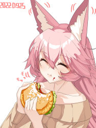 Rule 34 | 1girl, :t, ^ ^, animal ear fluff, animal ears, bare shoulders, brown sweater, burger, closed eyes, closed mouth, collarbone, dated, ear wiggle, facing viewer, food, food on face, fox ears, hair between eyes, hands up, highres, holding, holding food, ketchup, long hair, long sleeves, motion lines, off-shoulder sweater, off shoulder, original, pink hair, simple background, solo, sweater, upper body, very long hair, white background, yuuji (yukimimi)