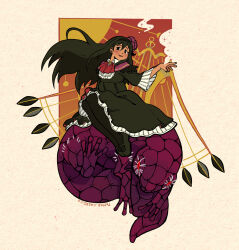 Rule 34 | 1girl, :d, absurdres, akemi homura, alternate skin color, arm at side, ascot, black dress, black eyes, black footwear, black hair, black hairband, black nails, black pantyhose, brooch, capelet, collared dress, dress, flower, frilled dress, frills, hair flower, hair ornament, hairband, hand up, highres, jewelry, lizard, looking at viewer, mahou shoujo madoka magica, mahou shoujo madoka magica: walpurgis no kaiten, mary janes, medium dress, open mouth, pantyhose, peppar (maskrosfe), purple capelet, purple flower, red ascot, salamander, shoes, sidelocks, sitting, smile, solo, watermark, web address