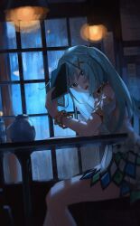 Rule 34 | 1girl, absurdres, aqua hair, bare shoulders, book, commentary, dress, elbow on table, faruzan (genshin impact), feet out of frame, genshin impact, green eyes, hair ornament, highres, holding, holding book, iinagi (kashiwa keira), indoors, jewelry, long hair, looking at viewer, night, open book, open mouth, short dress, short sleeves, sitting, solo, table, twintails, window, x hair ornament